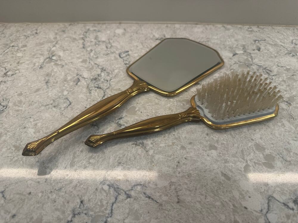 Vintage Hollywood Regency Vanity Hand Mirror and Brush Set